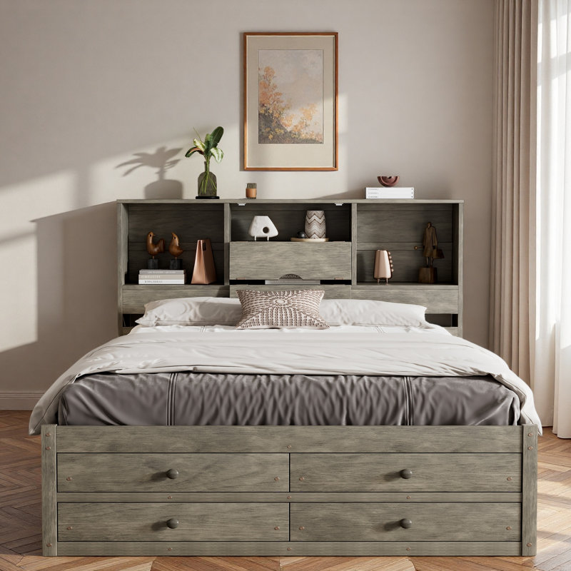 Lit plateforme avec tête de lit avec rangement et 8 tiroirs, Gris, Grand lit