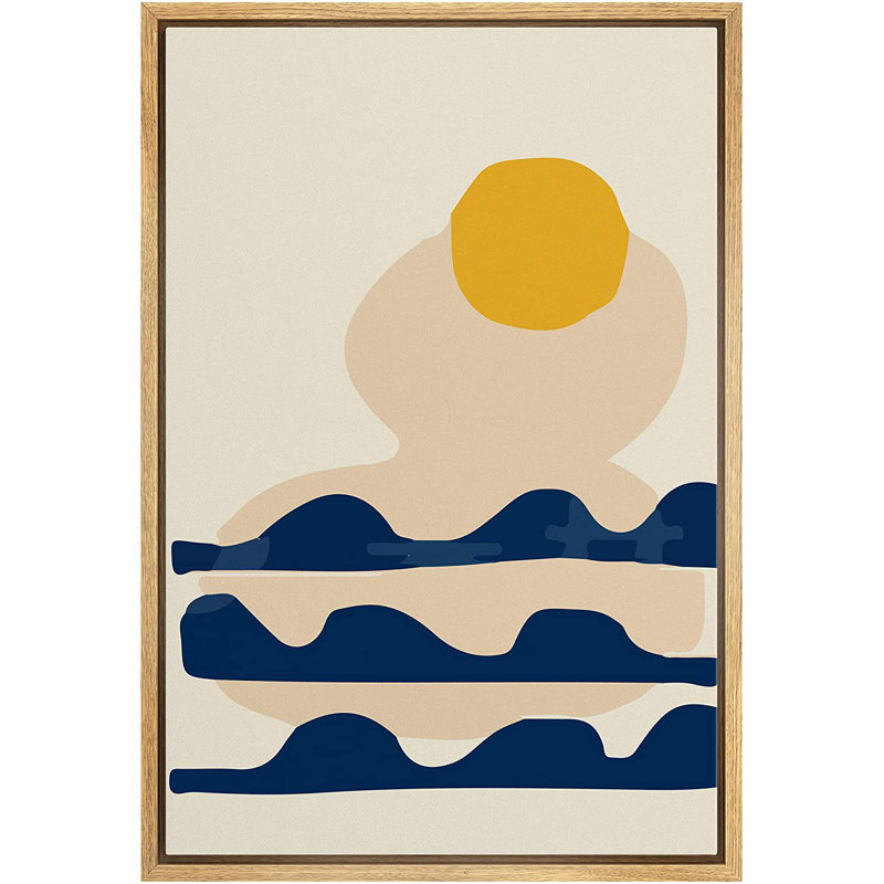 Yellow Sun Over Blue Waves Abstract Framed Canvas Print