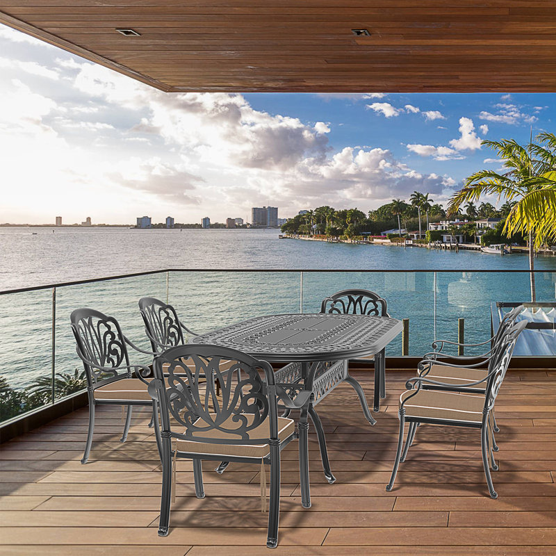 Ensemble de 7 pièces de mobilier de patio en aluminium coulé avec coussins, 7 pièces : table, 6 chaises