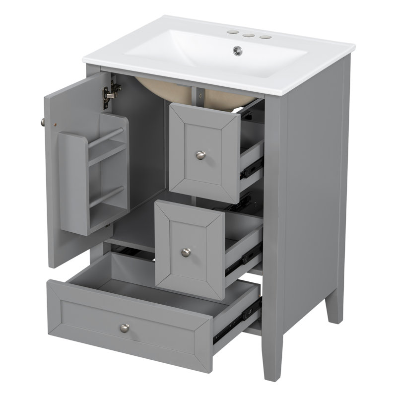 Meuble-lavabo autoportant 24 po avec lavabo 24 po, 3 tiroirs et portes à fermeture en douceur, Blanc