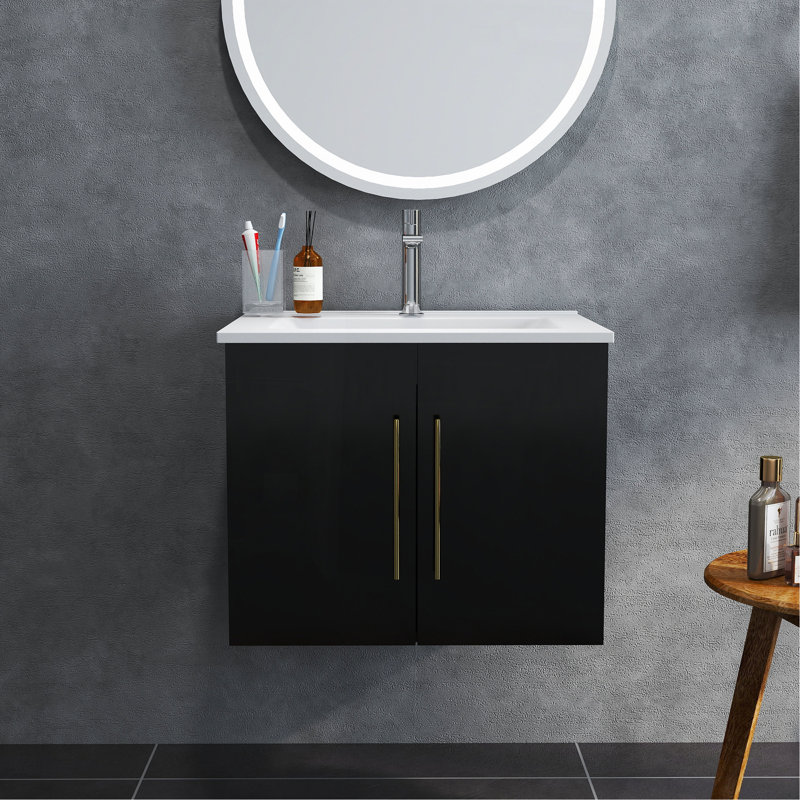 Ensemble de meuble-lavabo mural 24 po avec lavabo, portes doubles, charnières à fermeture en douceur, cuve en céramique, assemblage facile, poignée longue en métal doré, espace de rangement, noir brillant