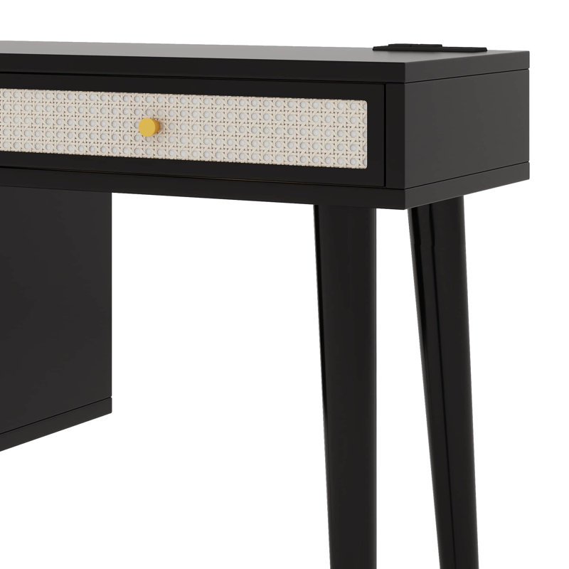 Dressing Table With 3 Storage Drawers And 1 Rectangular Rattan Drawer, Black