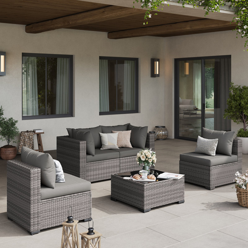 Ensemble de conversation modulaire en rotin 5 pièces avec coussins, Gris