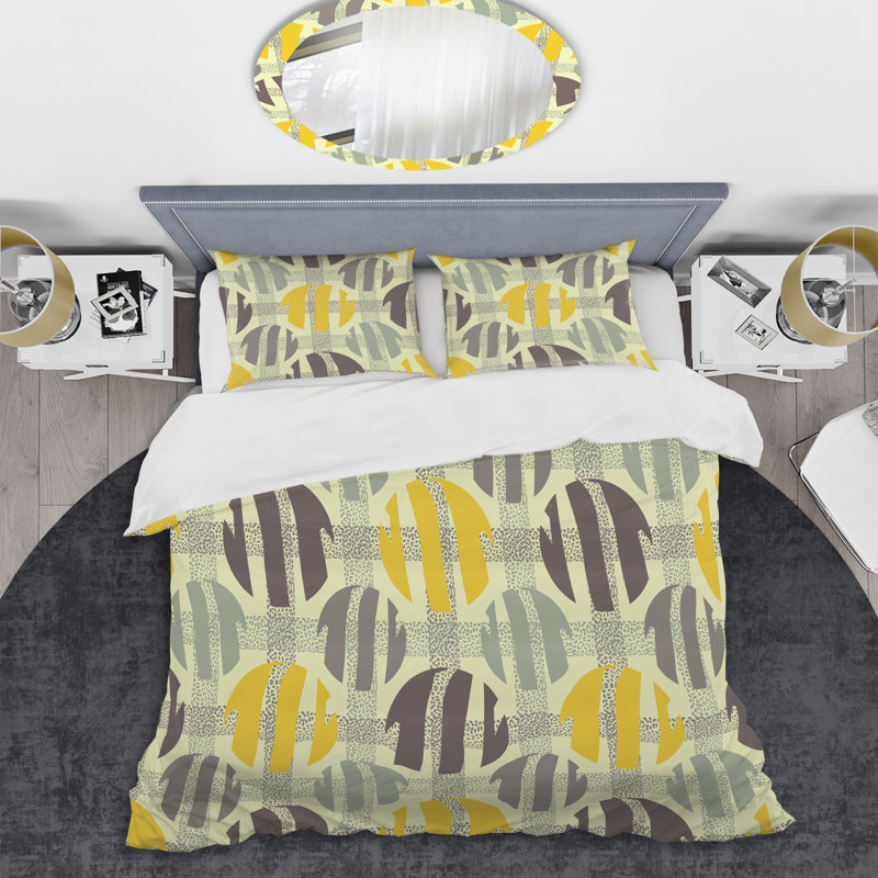 Ensemble de housse de couette en microfibre jaune / gris 3 pièces, Housse de couette pour très grand lit et 2 très