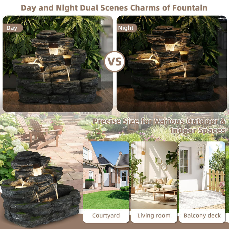 5-Tier Rock Outdoor Water Fountain, 29.68" L Realistic Moss Decor & Cascading Waterfall Fountain With Led Lights, Resin Garden Water Feature For Patio, Yard & Porch, Home Art Décor