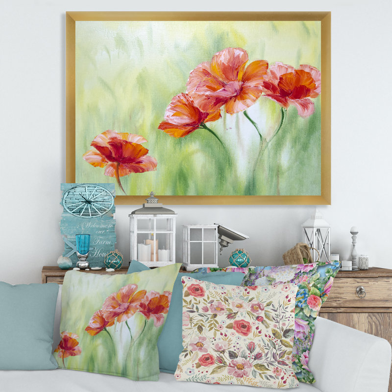 «Red Blossoming Poppies I», peinture sur toile, Toile encadrée d'or, H 24 po x l 32 po x P 1,5 po