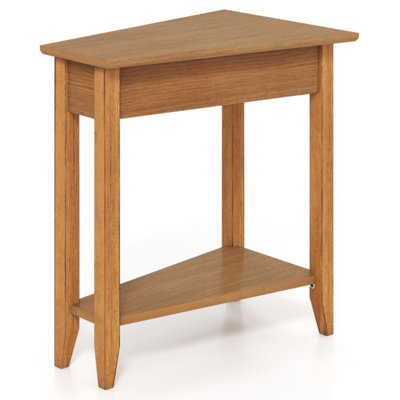 2-Tier Wedge Narrow End Table With Storage Shelf And Solid Wood Legs