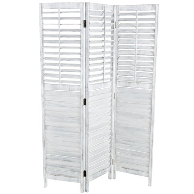 Cole And Grey Wood Distressed Shutter Top 3 Panel Room Divider Screen With Brown Accents