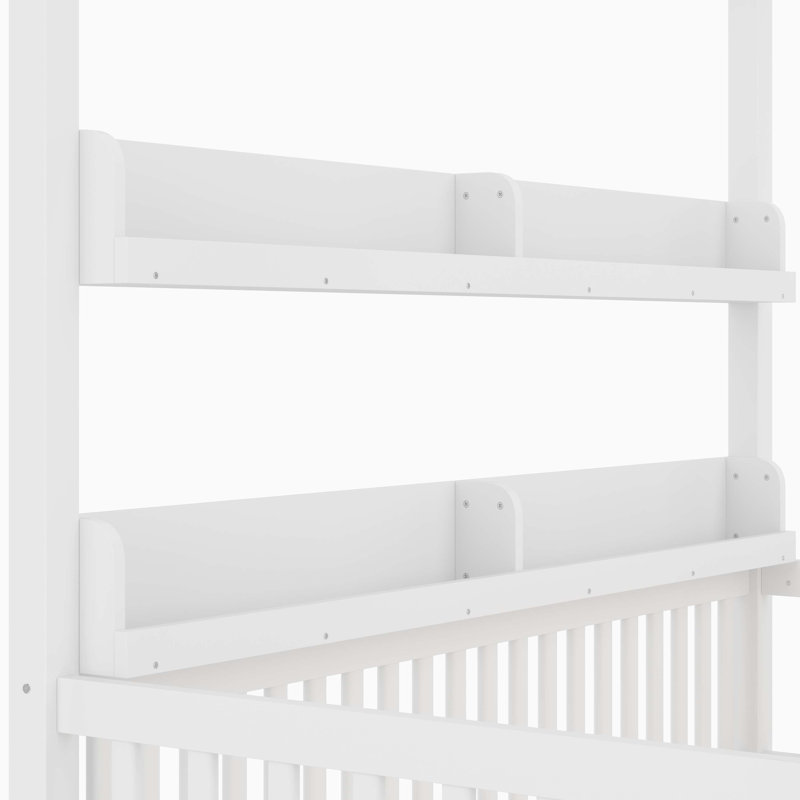 Lit à baldaquin simple avec garde-corps, lit en bois massif avec tablettes, cadre de lit Montessori pour enfants, garçons, filles, sans sommier, blanc