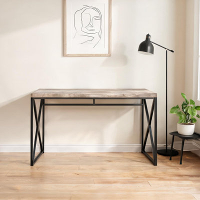 Rectangular Computer Desk with X-Base Frame, Linen Beige Particleboard Top, Black Steel Legs, 47? L, for Home Office