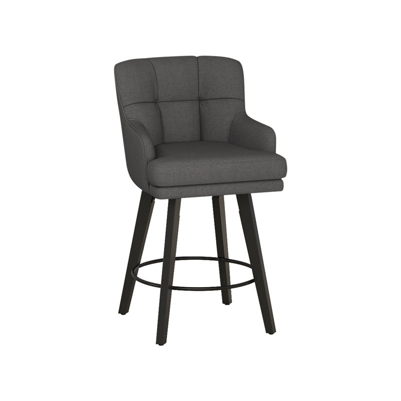26''H Upholstered 360°Swivel Counter Height Bar Stools, Wood Legs Kitchen Island Chairs, Black Gray Seat/ Black Frame, 3