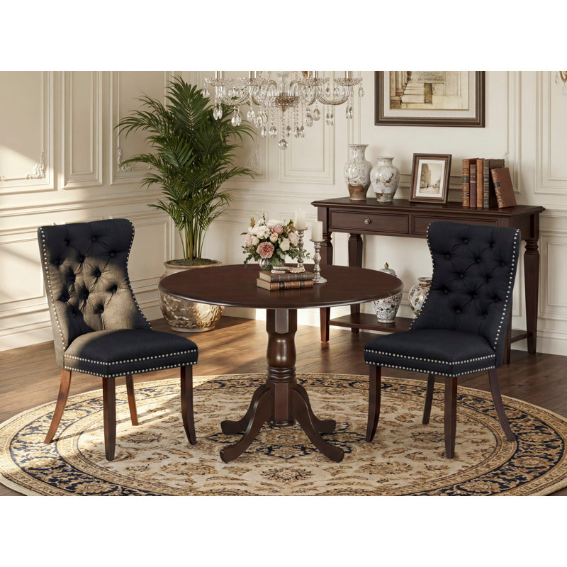 3 Piece Dining Table Set Includes a Round Kitchen Table with Dropleaf and 2 Padded Chairs, Mahogany, Black, Black/Brown