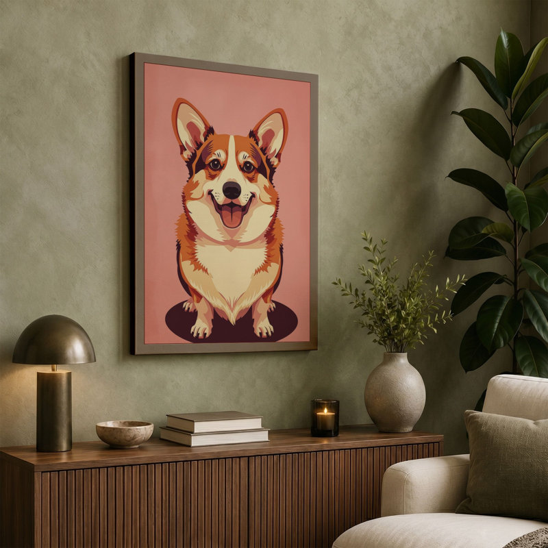 Happy Corgi Modern - Wrapped Canvas, 36x24 - 91.4 x 61.0 cm, Black Border