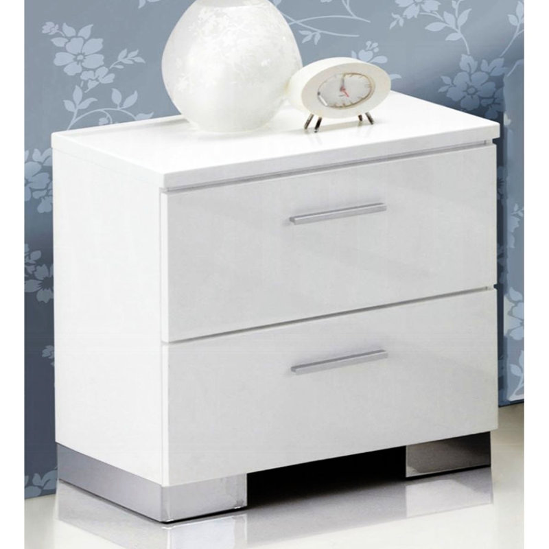Table de chevet 2 tiroirs blanc brillant avec pieds pour la décoration de la chambre à coucher en finition brillante