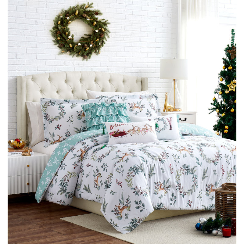 Happy Holidays White/Mint Microfiber Reversible Comforter Set, Full/Queen Comforter+5 Additional Pieces