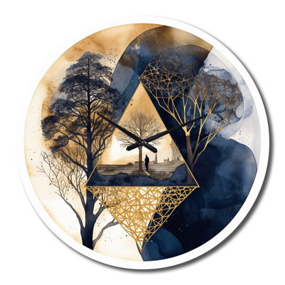 Horloge murale abstraite paysage de montagne lune et arbre III