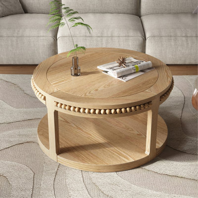 Table basse et canapé de 31,5 pouces en bois massif rond - plateau épaissi à deux niveaux, pieds robustes, table circulaire pour le salon (bois naturel)
