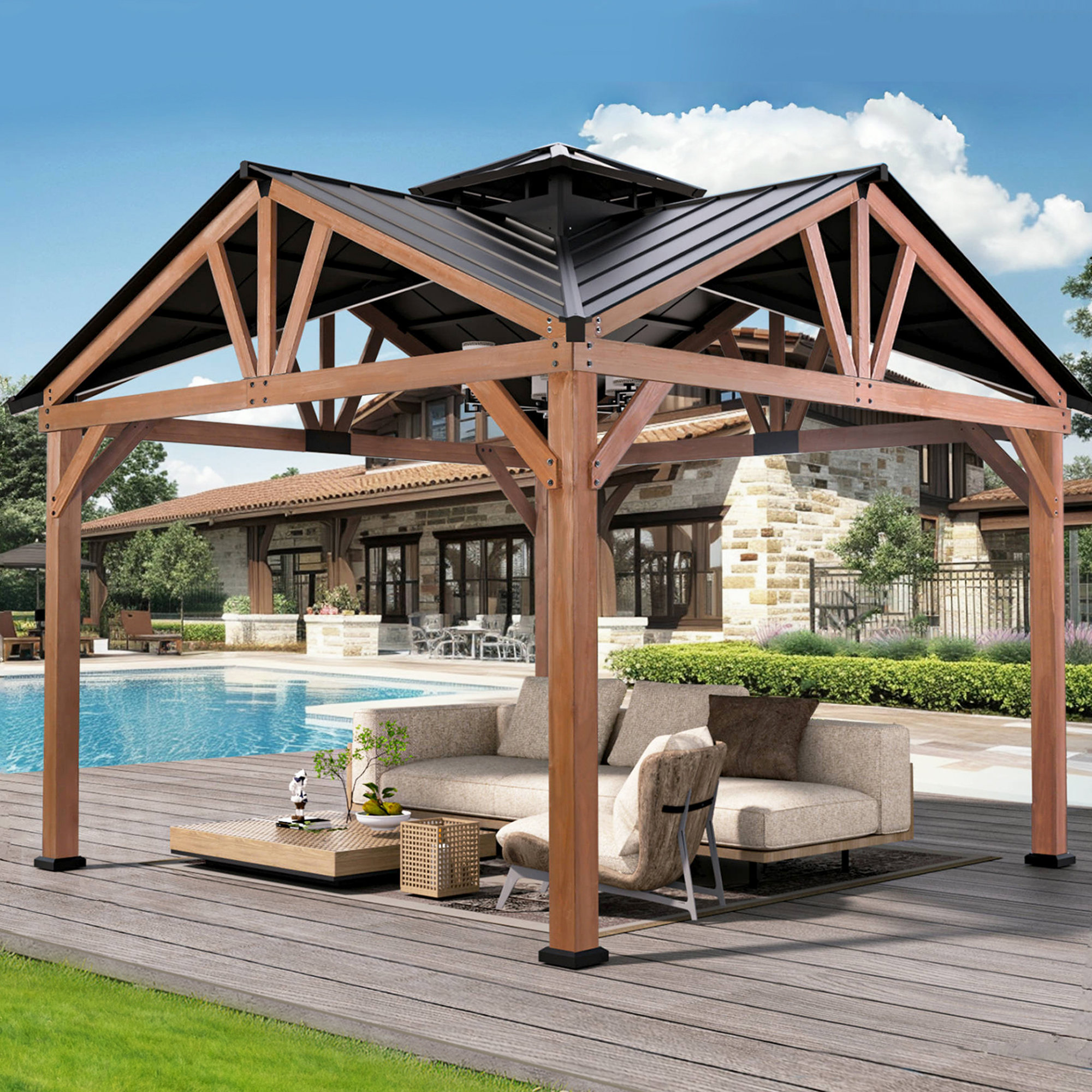 MODERN SHADE OUTDOOR LIVING SPACES Biscayne 12 Ft. W x 12 Ft. D Cedar ...