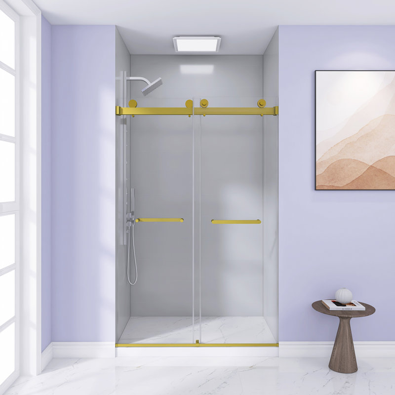 44-48 "W X 74" H Frameless Double Sliding Shower Door, 5/16 "(8Mm) Tempered Glass, Explosion Proof Film, Stainless Steel Handle, Square Tube Track,Brushed Gold