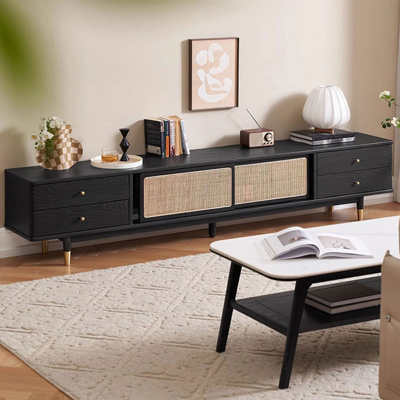 78.74" Black Solid Wood+Rattan+Brass TVStands, 86.61"