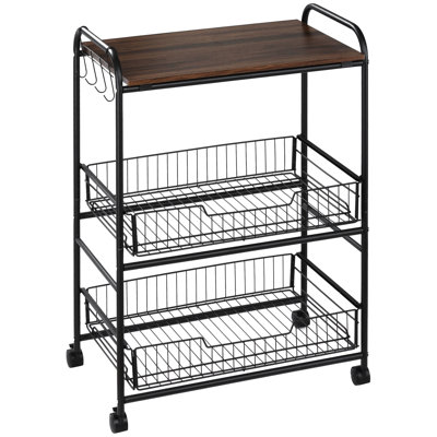 3 Tier Rolling Storage Cart In Walnut, With 2 & Hooks, Ideal For Bathroom Organization Kitchen Pull-Out Handy Maneuverable And Practical
