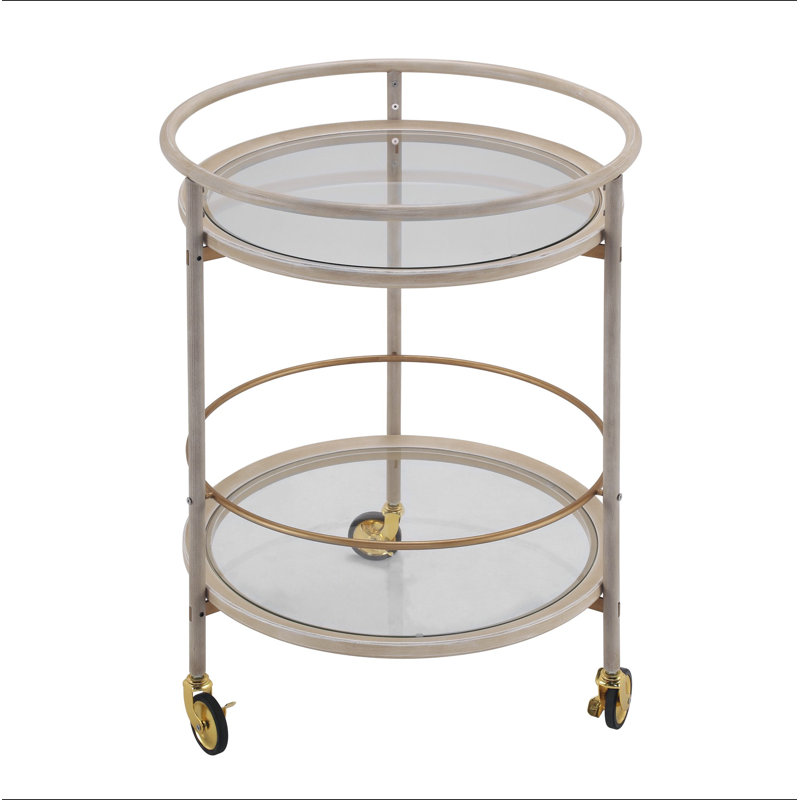 Chariot-bar rond avec tablettes en verre trempé et accents dorés