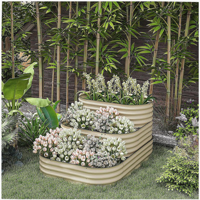 Outsunny 3-Tier Galvanized Steel Raised Garden Bed Kit, 62.25" x 43" x 32.25", 3 Combining Planter Boxes with Rubber Strip Edging, Open Bottom for Backyard, Garden, Patio, Cream White