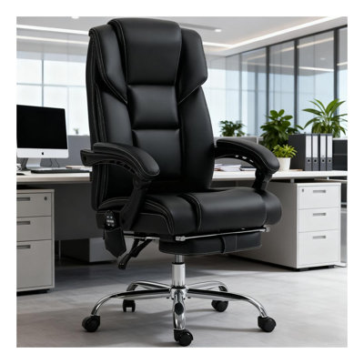 Fauteuil de direction avec soutien lombaire à massage, repose-pieds inclinable et revêtement en cuir polyuréthane, noir