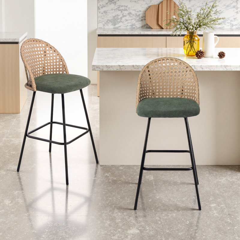 Upholstered Green Rattan Full Back Counter Bar Stool, Green