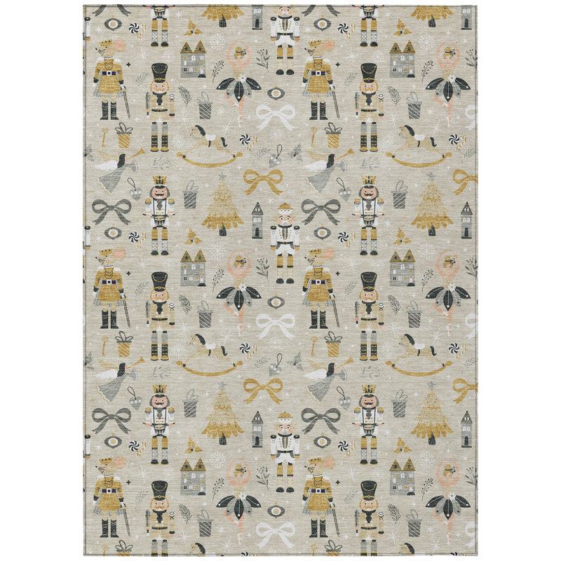 Machine Washable Indoor/Outdoor Christmas Nutcracker Xhevrie Beige Rug, Rectangle 2'6" x 3'10"