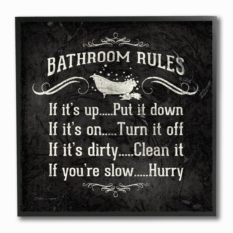 «Bathroom Rules BW Icon», reproduction d'art textuel sur toile, H 12 po x l 12 po, Giclée encadrée noir minuit