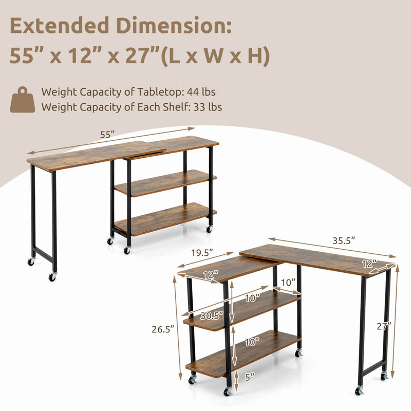 17 Storeys 360° Rotatable Sofa Side Table L-shaped Laptop Desk Snack Table Withshelf Patented, Brown/Black