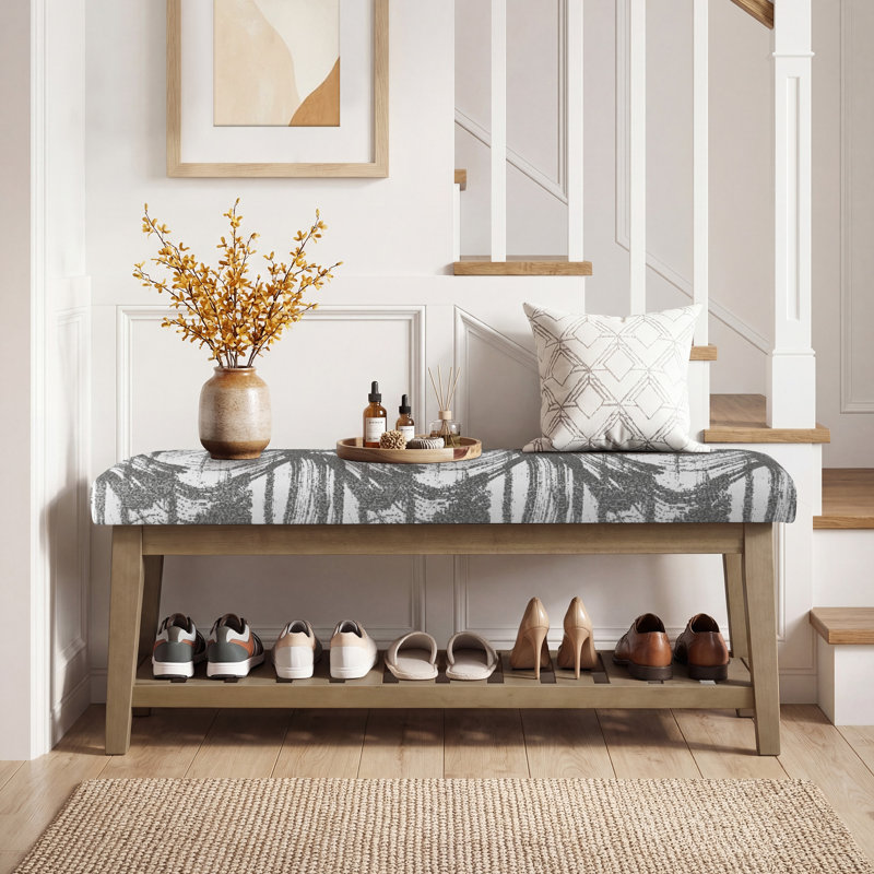 Polyester Upholstered Storage Bench, Prints Grey