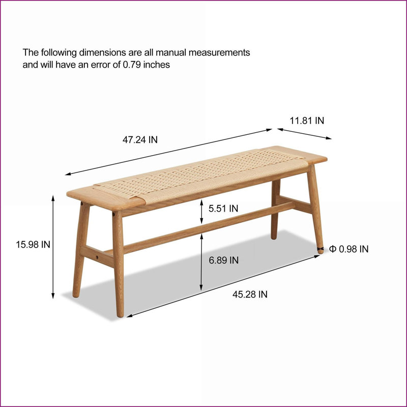 Scandinavian Solid Oak Bench with Woven Cane Seat for Dining/Bedroom/Bathroom | Oak | Cane