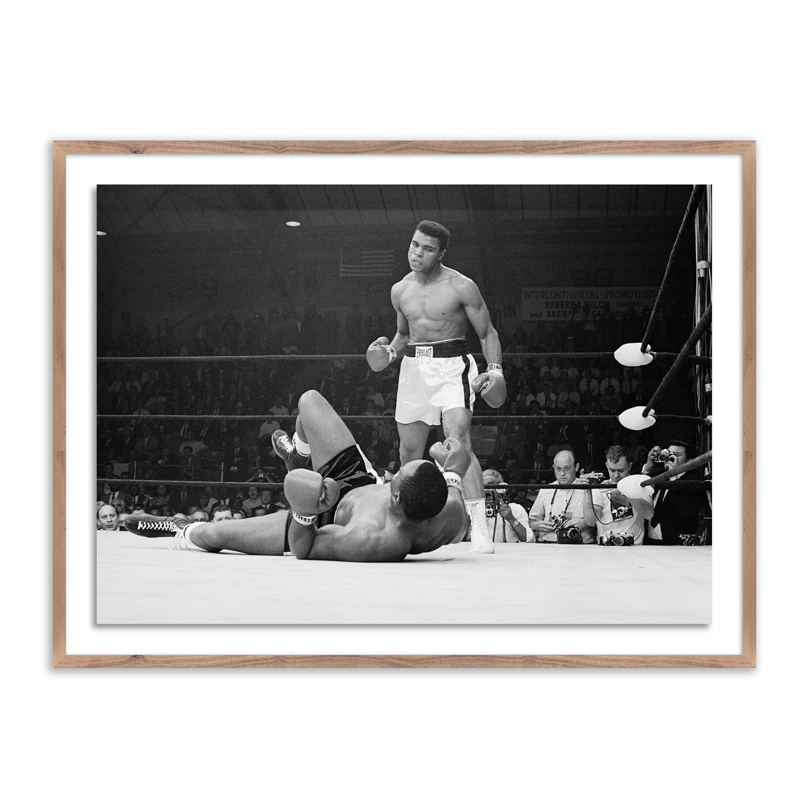 Boxers Muhammad Ali And Sonny Liston Fighting by Getty Images, 18" H x 24" W, Rustic Walnut Framed