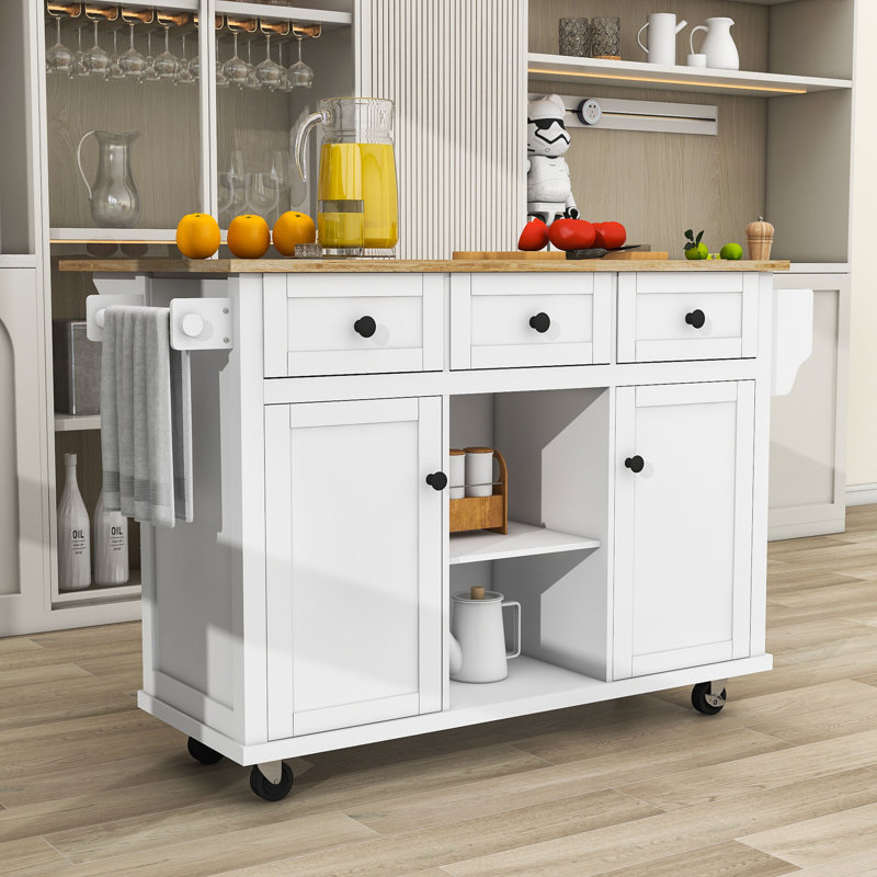 Kitchen Cart with Rubber wood Drop-Leaf Countertop ,Cabinet door internal storage racks,Kitchen Island on 5 Wheels with Storage Cabinet and 3 Drawers for Dinning Room