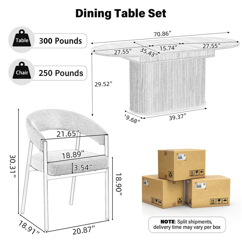 Ensemble de table de salle à manger rectangulaire en bois pour 4-6, table de cuisine Mid-Century moderne et chaise en chenille pour salle à manger, petit espace