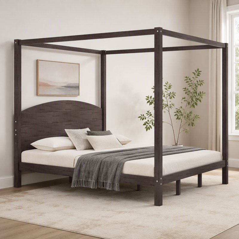 Lit plateforme avec tête de lit et pieds de support CaNopy, Brun
