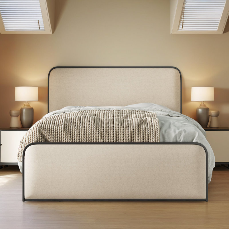 Structure de lit tapissier moderne avec rangement - tête de lit courbée beige, lattes en métal robustes, capacité de 800 lb