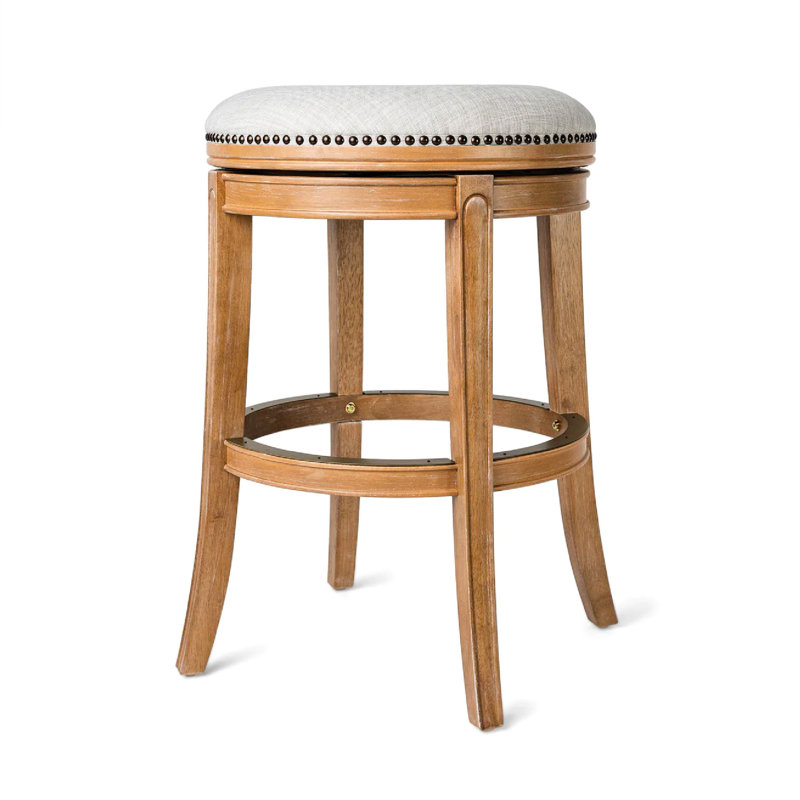 Weathered Oak Backless Swivel Counter Stool with Sand Upholstery