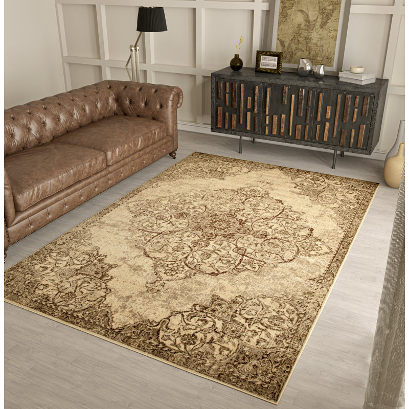 Tapis intérieur / extérieur en laine Anhua beige / brun Anizon, Rectangle 5 pi x 8 pi