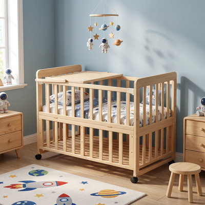 CPC Certified Boys Solid Wood Bedside Sleeper, Expandable Kid Crib with 3 Adjustable Heights, Mattress  Changing Shelf Included