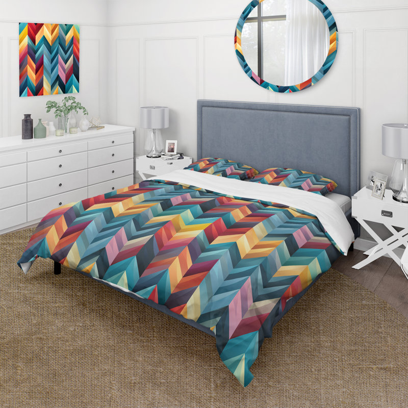 Ensemble de housse de couette à motif de mosaïque à chevrons colorés, Housse de couette pour très grand lit et 2 très