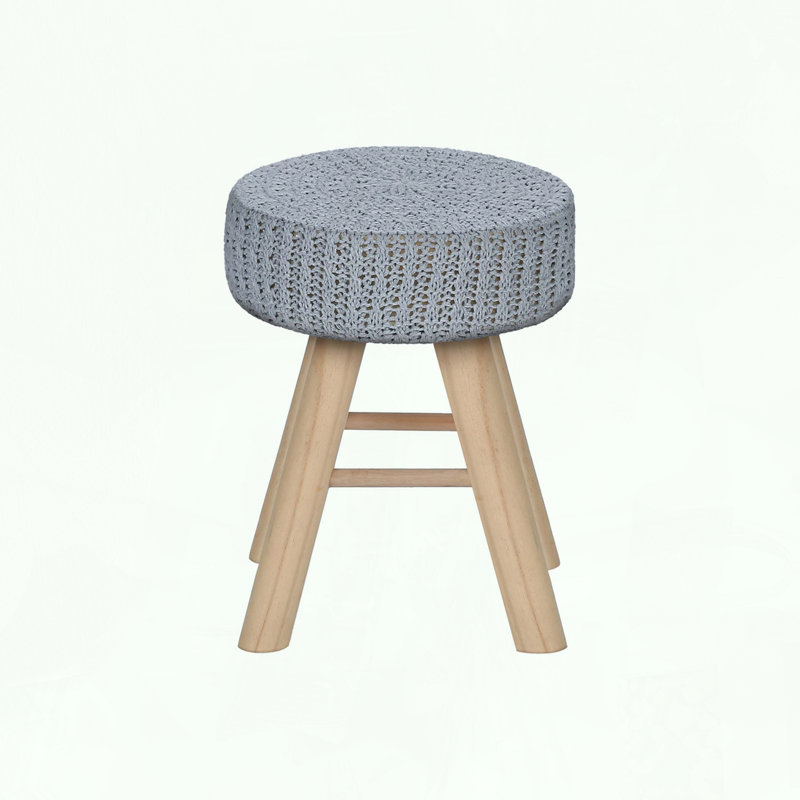 Round Ottoman with Grey Knit Fabric and Slanted Wood Legs
