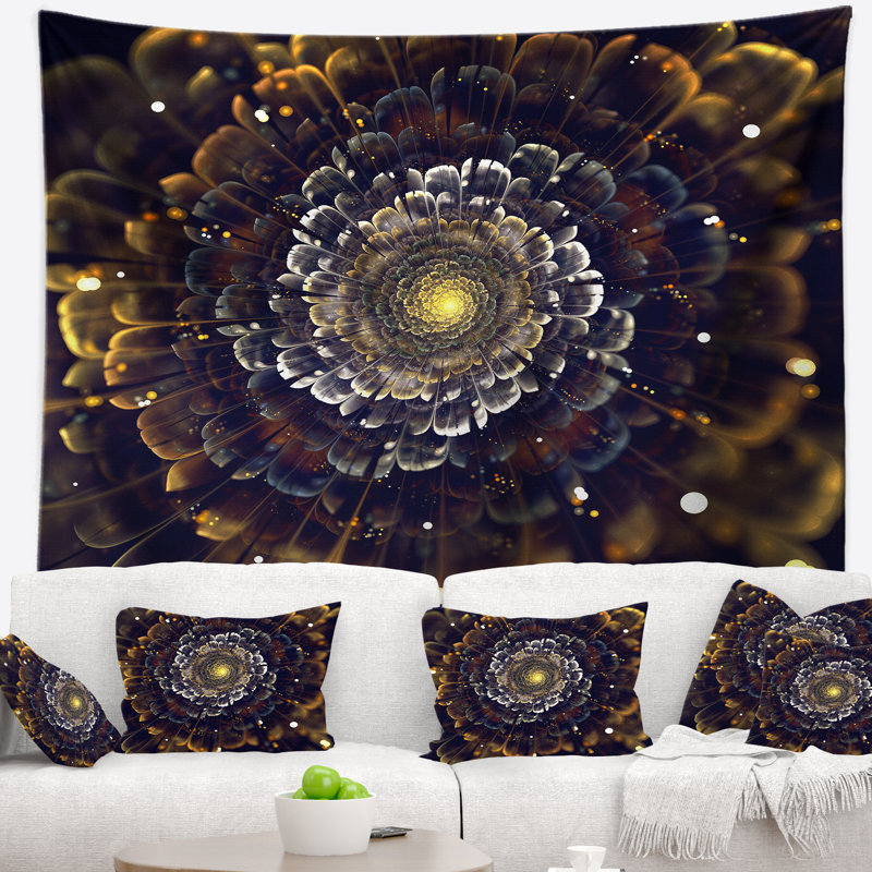 Fleurs abstraites de fractale jaune avec tapisserie violette, H 50 po x l 60 po