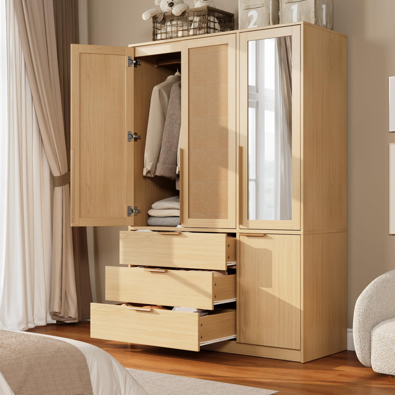 Armoire-penderie de 178 cm de haut avec miroir pleine longueur, en bois, avec tringle et 3 tiroirs pour chambre à coucher