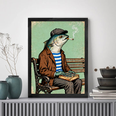 «Black», encadré noir, «Happy», drôle, tête de poisson qui fume, art mural, impressions de style rétro