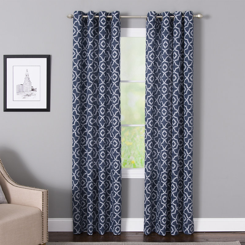 Ralon Polyester / Linen Light-Filtering Geometric Print Curtain Panel with Grommet Top, 50" x 63", Navy/Ivory