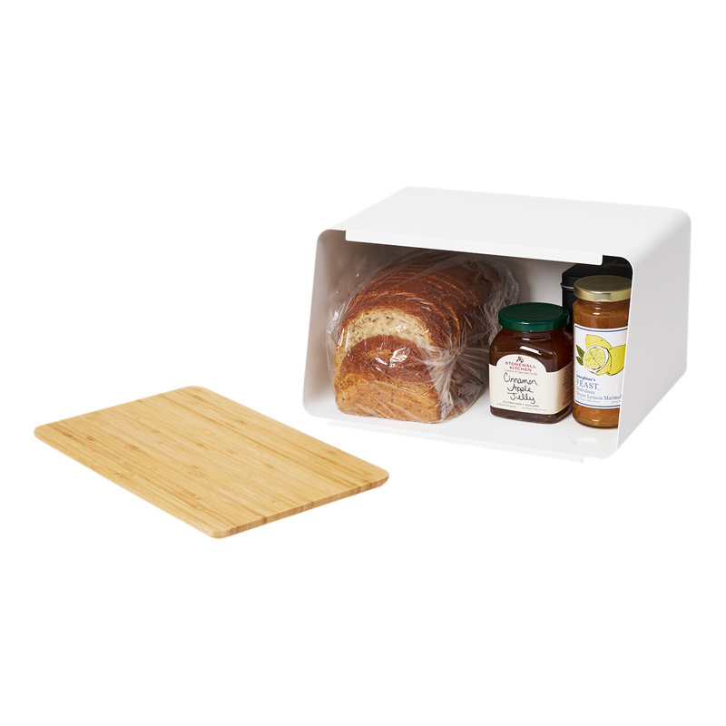 White Steel Bread Box with Bamboo Cutting Board Lid