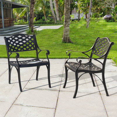 Debussy Outdoor Chair of 2 Bistro and Dining Chairs, Powder-coated Finish & Cast Aluminum Frame for Balcony, Black with Gold Speckles by Lark Manor